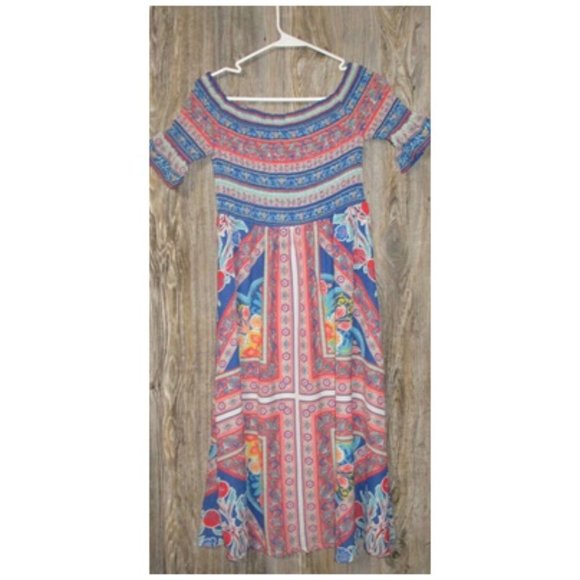 Flying Tomato Long Dress Size Small Floral Short Sleeves Multicolored Boho - Picture 9 of 11